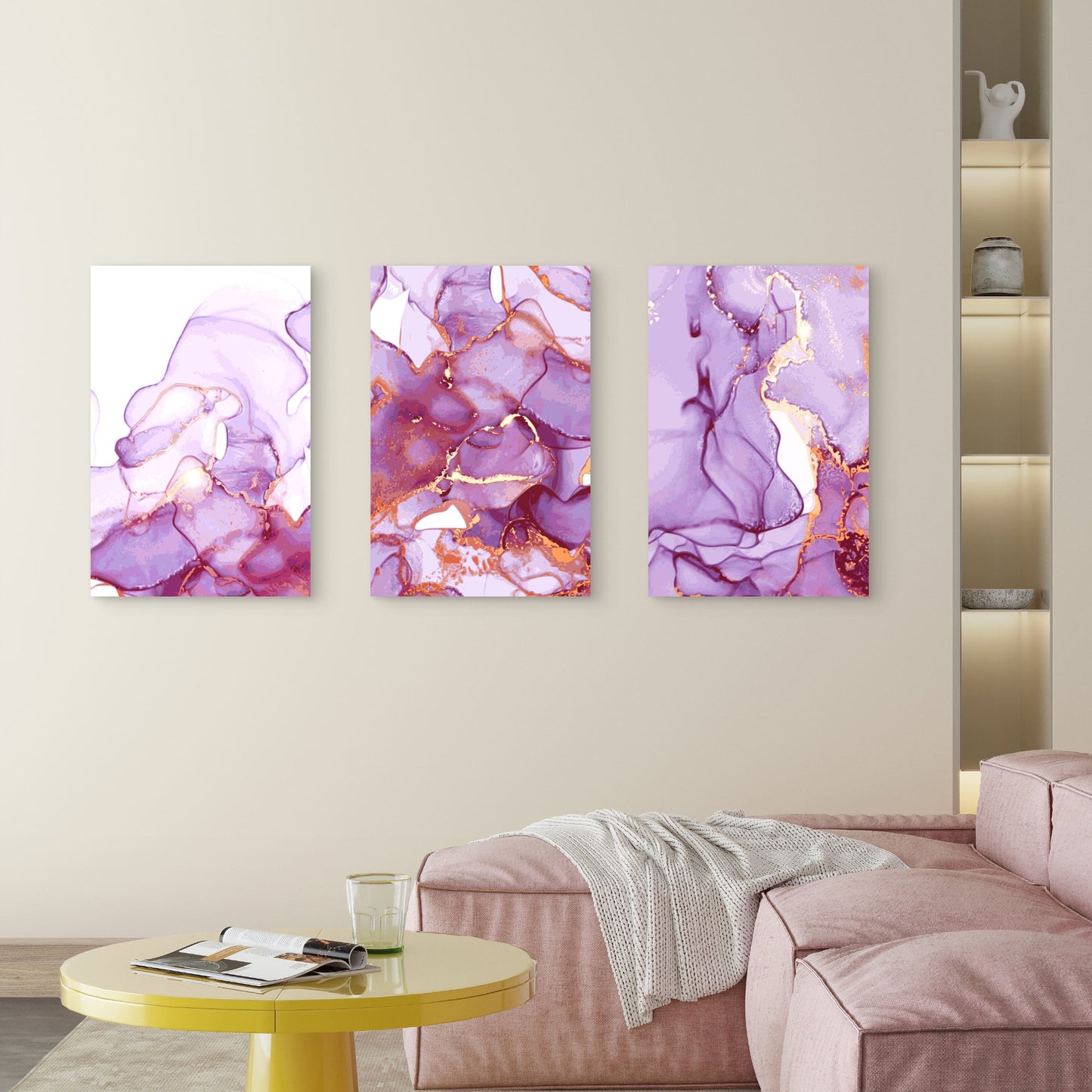 3pcs Lavender Marble Gold Foil Luxury  Wall Art Set Canvas Framed 50x70cm - High Quality Print 100% Australian Made Wall Canvas Ready to Hang