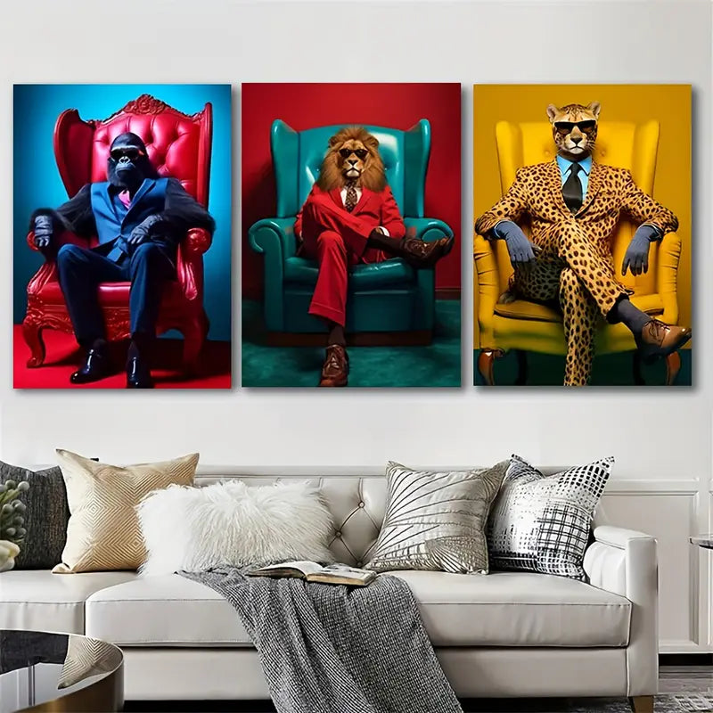 3pcs Funny Leopard In Suit Metal Print Ready to Hang Art - Bella Home Decor