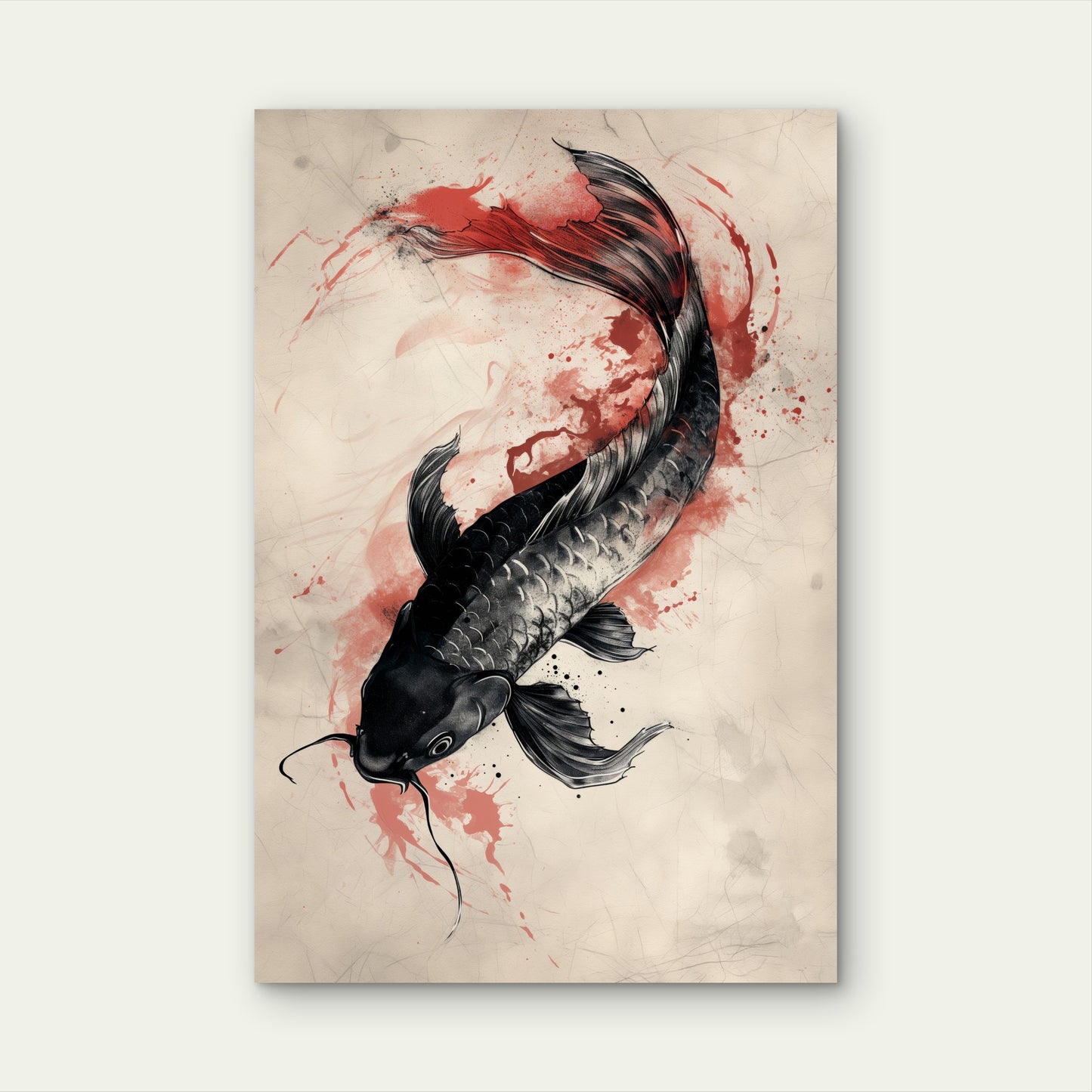 Sumi-e Black Koi Illustration 60x90cm Metal Print Ready to Hang