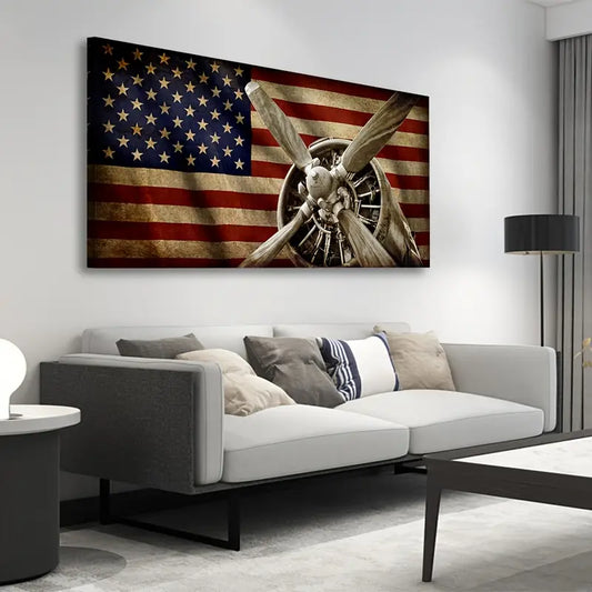 Vintage American Flag Airplane Propeller Wall Art canvas office home room framed 120x60cm - Bella Home Decor