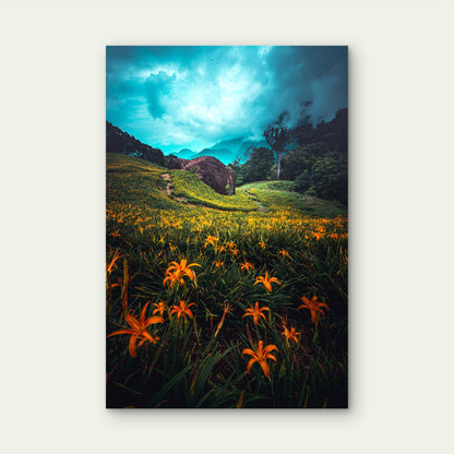 Orange Lily Field Mountain 40x60cm Metal Print Ready to Hang