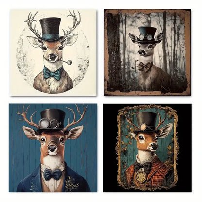 4pcs Deer & Forest Scene With Top Hat, Bow Tie Wall Art Canvas Framed