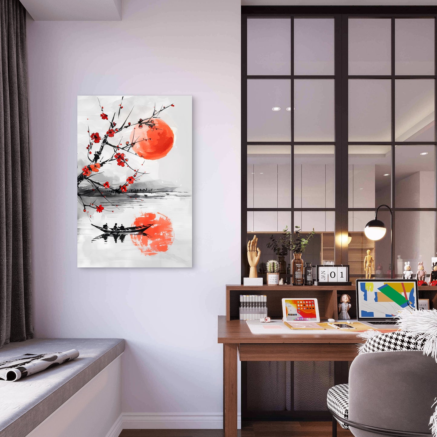 Watercolor Painting Cherry Tree Red Moon Sky 40x60cm Metal Print Ready to Hang