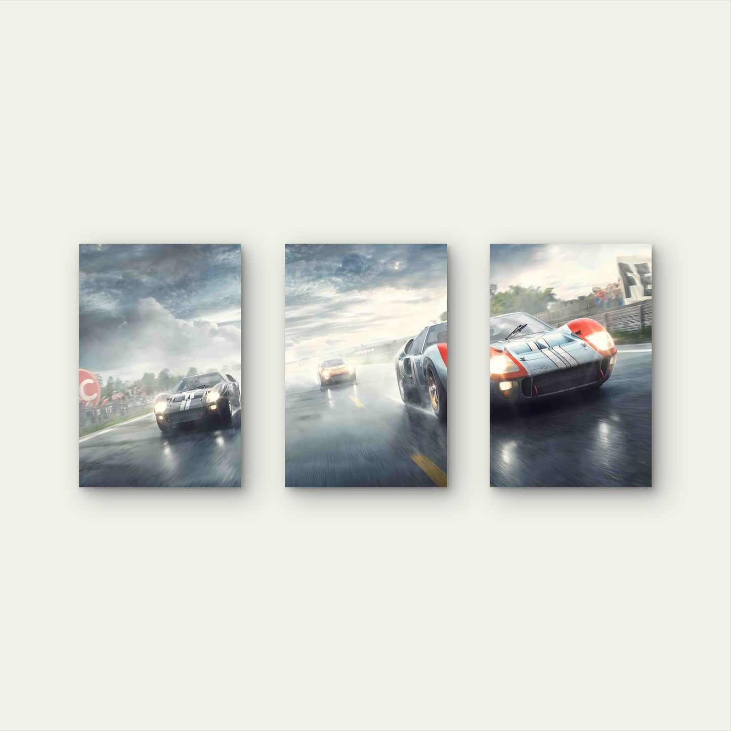 3pcs Vintage 1960s Endurance Racing Car Wet Track Metal Print Ready to Hang Art