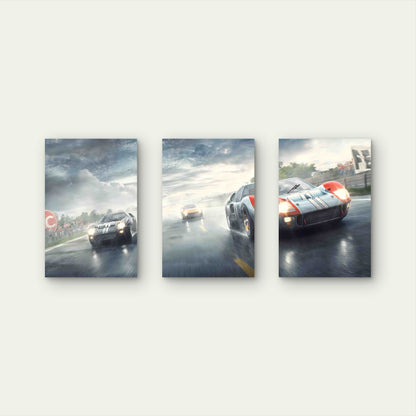 3pcs Vintage 1960s Endurance Racing Car Wet Track Metal Print Ready to Hang Art