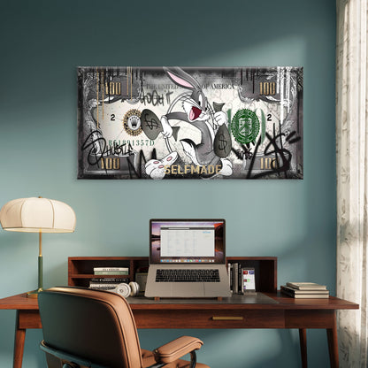 Running Rabbit Money Print Wall Art Canvas Office Home Room Framed 120x60cm - Bella Home Decor
