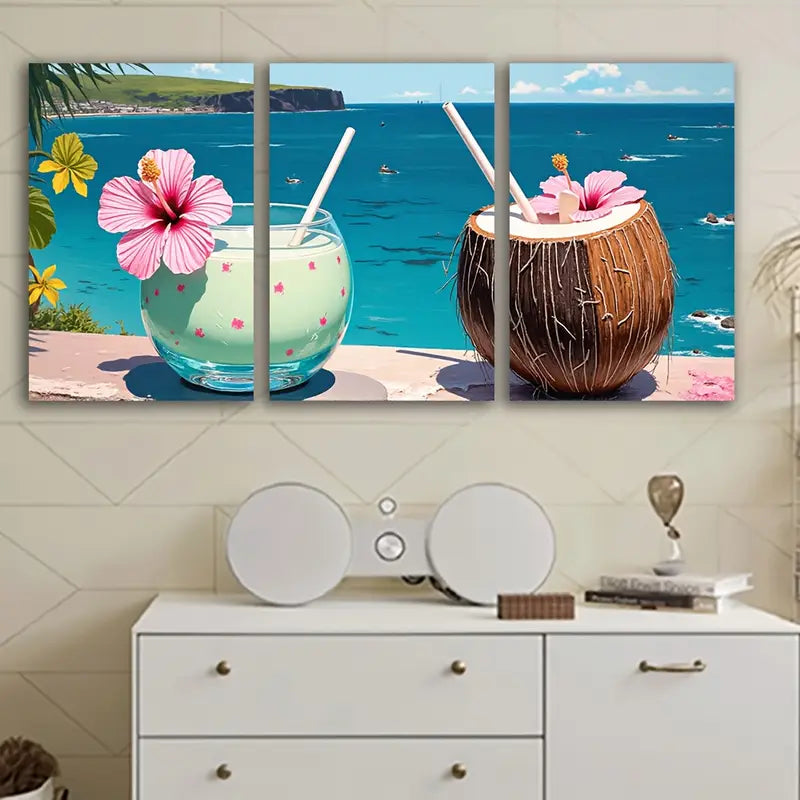 3pcs Coconut Tropical Beach Poster Wall Art Set Canvas Framed 40x60cm - High Quality Print 100% Australian Made Wall Canvas Ready to Hang - Bella Home Decor