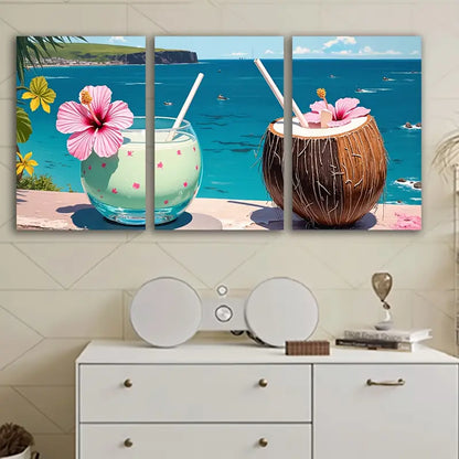 3pcs Coconut Tropical Beach Poster Wall Art Set Canvas Framed 50x70cm - High Quality Print 100% Australian Made Wall Canvas Ready to Hang - Bella Home Decor