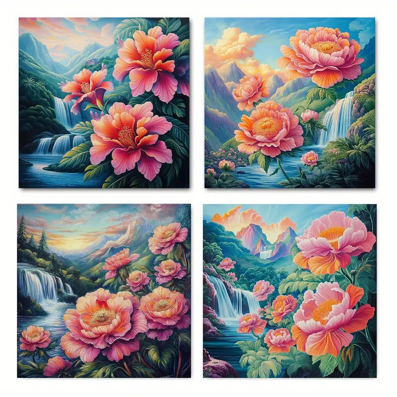 4pcs  Pink Peonies Waterfall & Mountain  PW Wall Art Canvas Framed