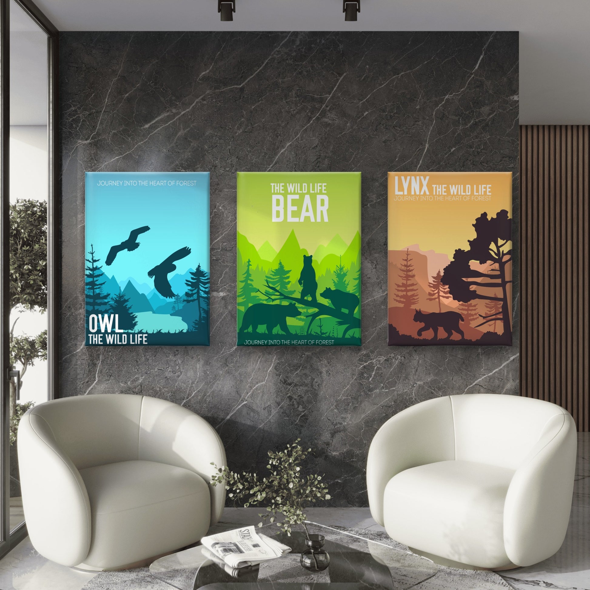 3pcs Owl Bear Lynx Wild Animal Forest Wall Art Set Canvas Framed 50x70cm - High Quality Print 100% Australian Made Wall Canvas Ready to Hang