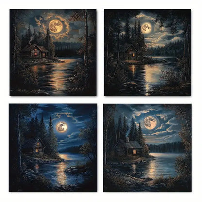 4pcs Lakeside Cabin Under Moonlit Night Wall Art Canvas Framed