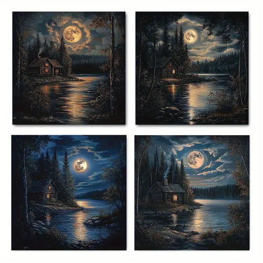 4pcs Lakeside Cabin Under Moonlit Night Wall Art Canvas Framed