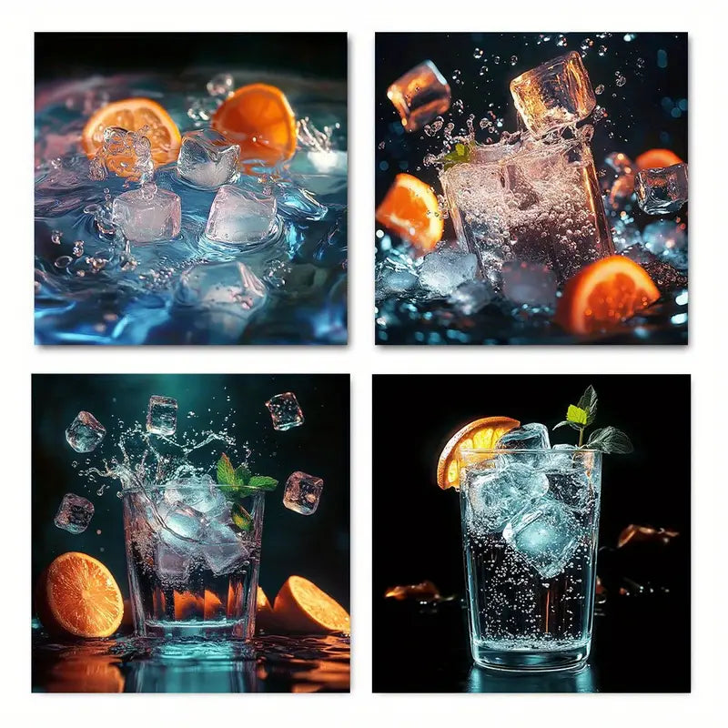 4pcs Painting Citrus Fruit Cocktail      Wall Art Canvas Framed