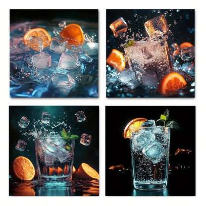4pcs Painting Citrus Fruit Cocktail      Wall Art Canvas Framed