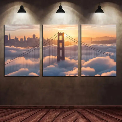 3pcs Golden Gate Bridge At Sunset, Metal Print Ready to Hang Art - Bella Home Decor