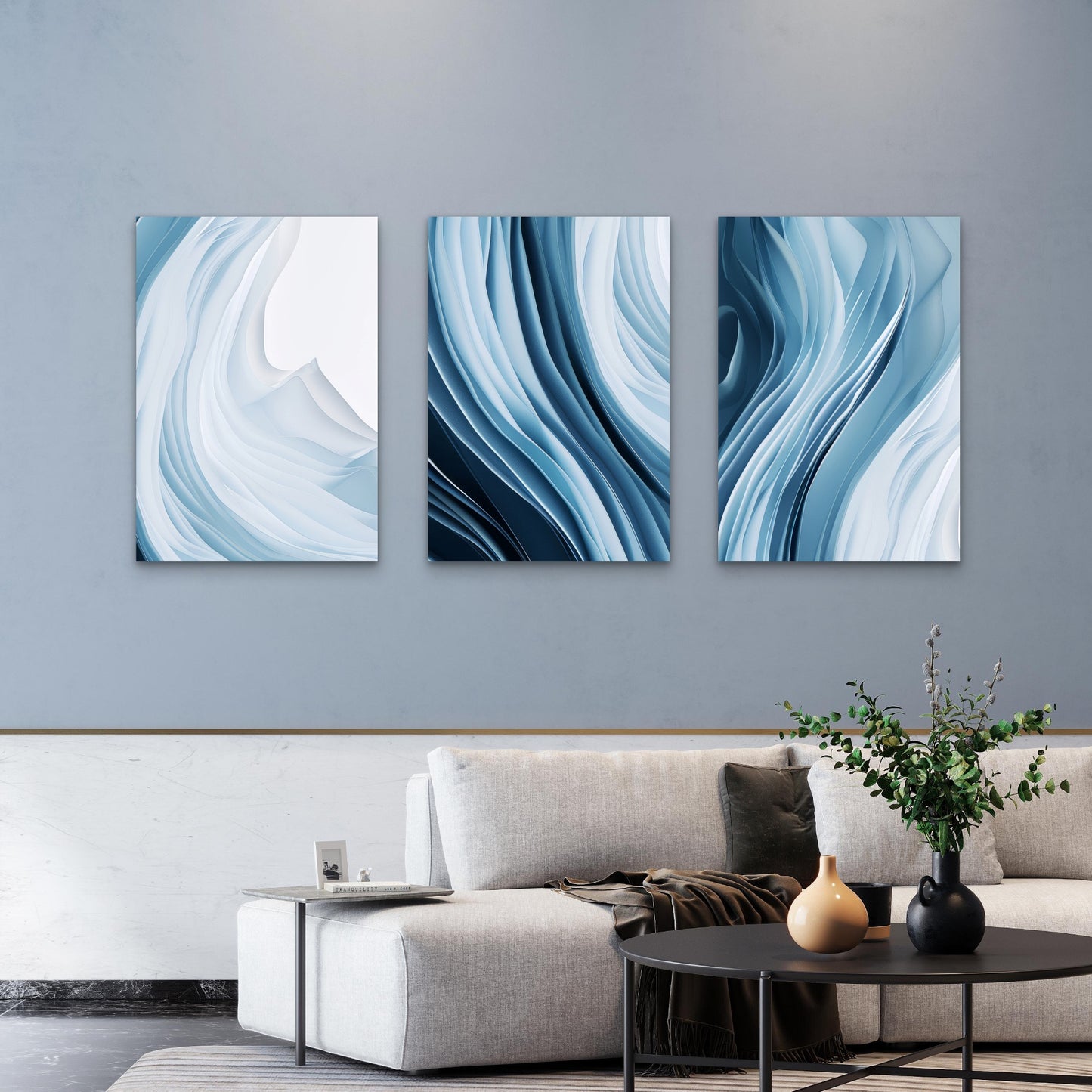 3pcs Abstract Blue Wave Fluid Marble  Wall Art Set Canvas Framed 40x60cm - High Quality Print 100% Australian Made Wall Canvas Ready to Hang