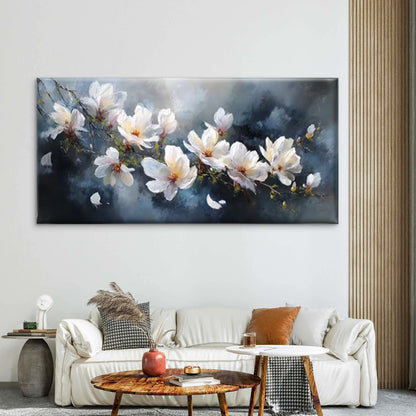 White Blossoms Wall Art - Soft Tones Floral Wall Art Canvas Office Home Room Framed 120x60cm