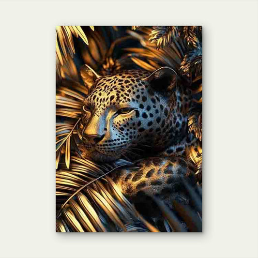 Majestic JAGUAR in Blue & Golden Tropical Leaves 60x90cm Metal Print Ready to Hang