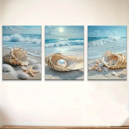 3pcs Ocean Waves& Seashells  Metal Print Ready to Hang Art