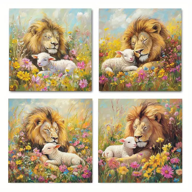 4pcs Vibrant Lion And Lamb In Meadow Wall Art Canvas Framed
