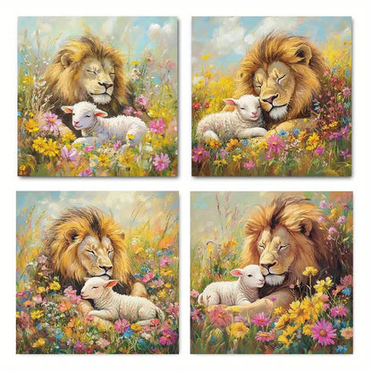 4pcs Vibrant Lion And Lamb In Meadow Wall Art Canvas Framed