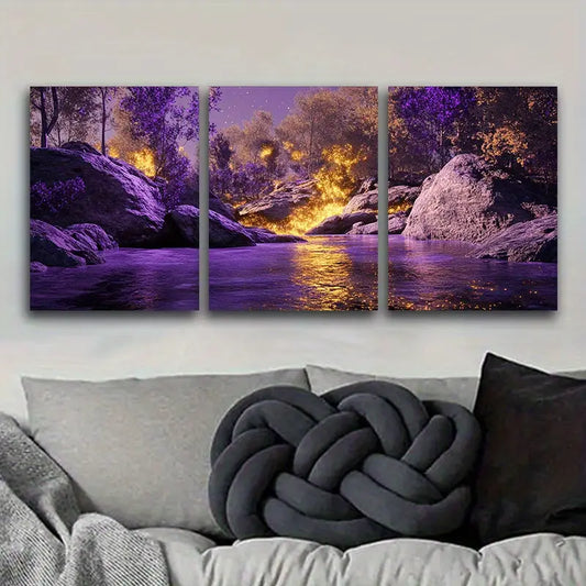 3pcs A purple And Golden Iridescent Rock Metal Print Ready to Hang Art