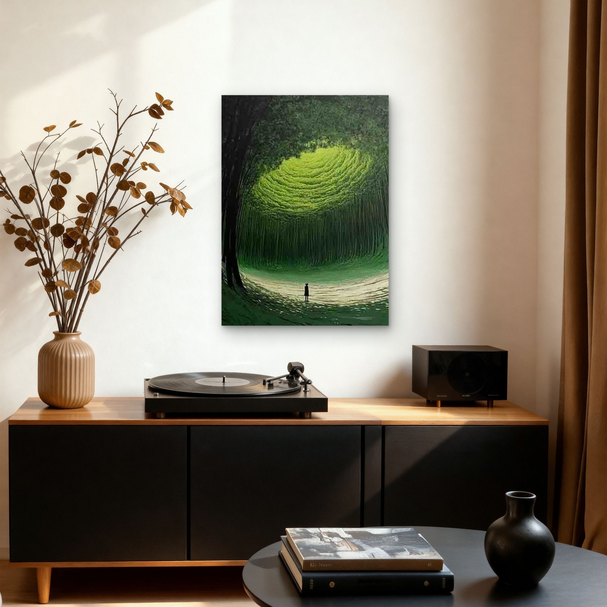 Green Forest Path with Spiral Light Metal Print Ready to Hang - Bella Home Decor