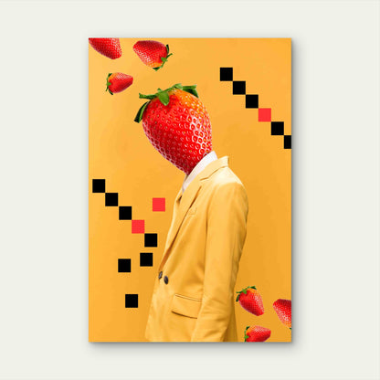Person in a Yellow Suit with a Large Strawberry for a Head 60x90cm Metal Print Ready to Hang