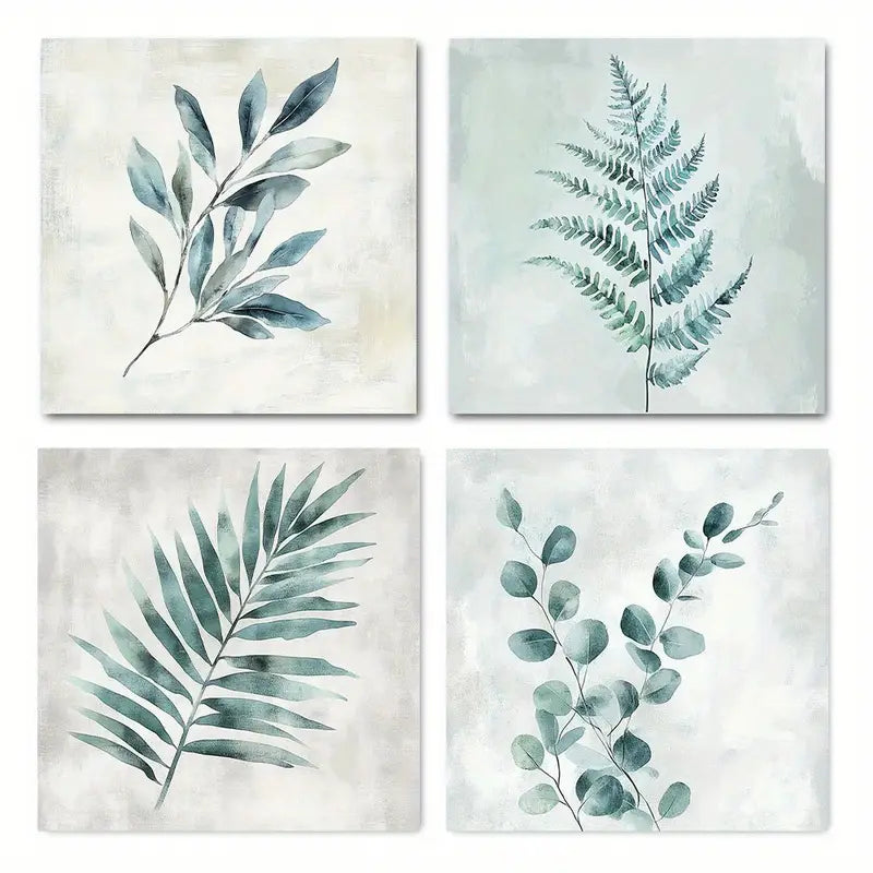 4pcs Minimalist Eucalyptus Fern & Pine Cone Desi  Wall Art Canvas Framed