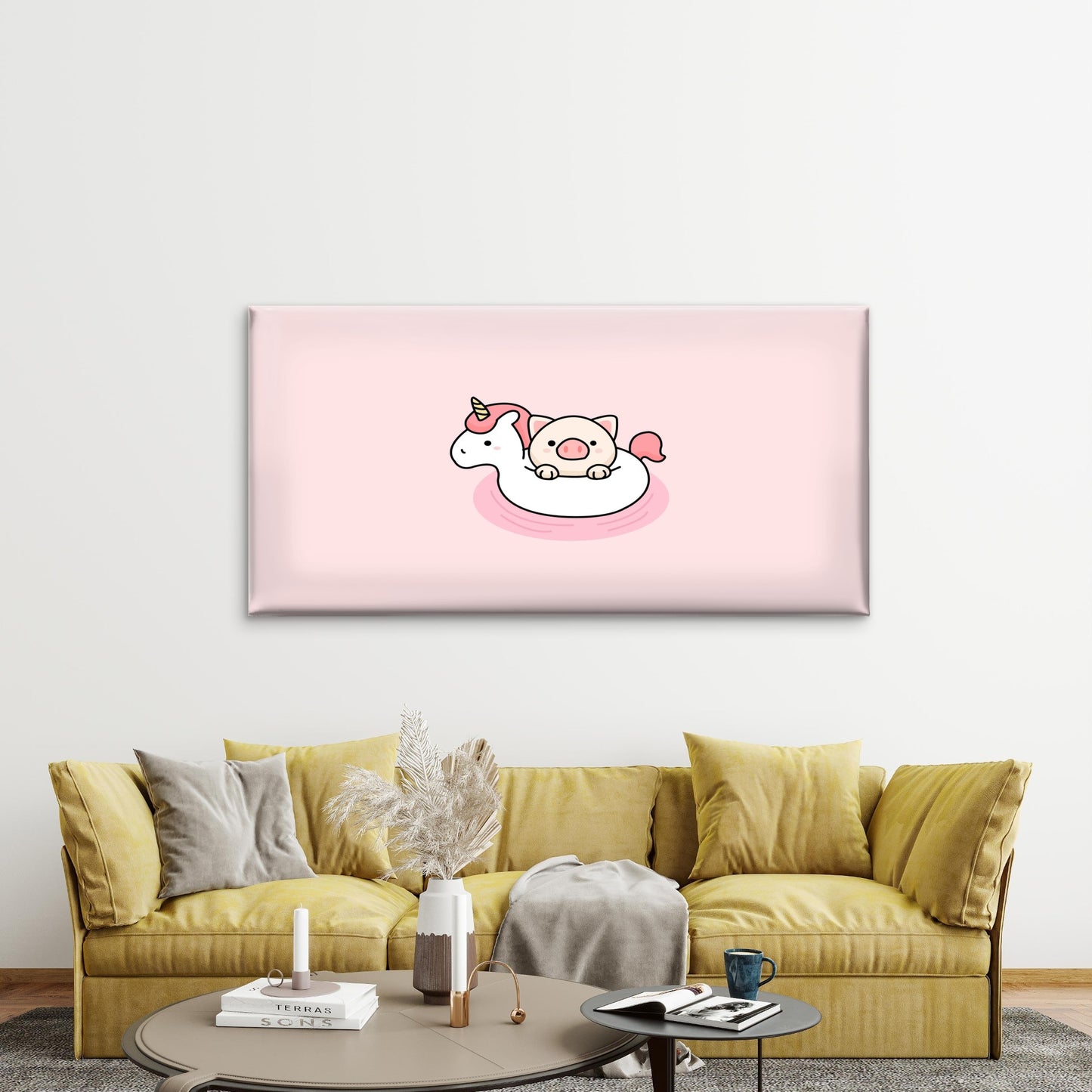 Kawaii Piglet Float Pastel Pink Wall Art Canvas Office Home Room Framed 120x60cm