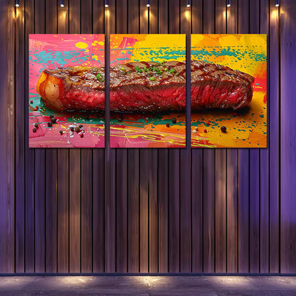 3pcs Vibrant Delicious Steak Design Wall Art Set Canvas Framed 50x70cm - High Quality Print 100% Australian Made Wall Canvas Ready to Hang