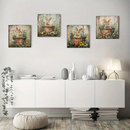 4pcs   Rustic Bunny Tin Sig Picture Modern  Wall Art Canvas Framed