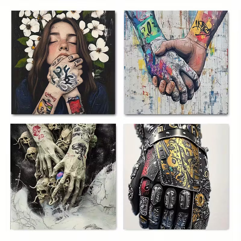 4pcs Colorful Graffiti Street Handshake Wall Art Canvas Framed