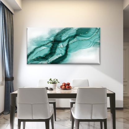 Teal Gold Fluid Waves Wall Art Canvas Office Home Room Framed 120x60cm