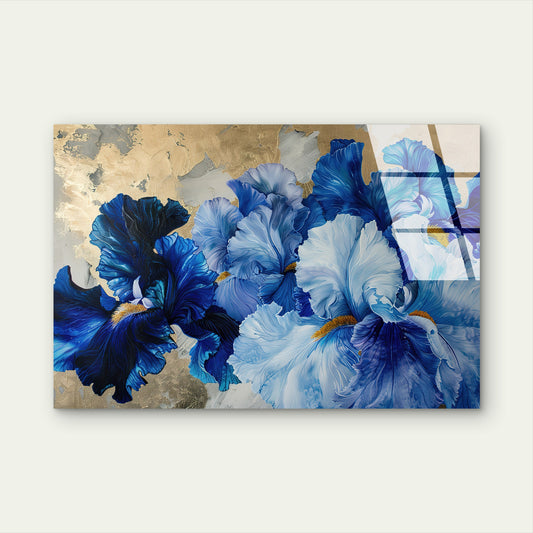 Blue Iris Gold Blossom Acrylic Glass Printing Wall Art Australian Made Quality