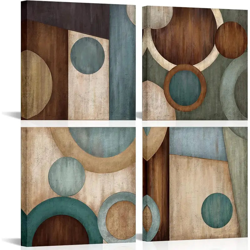 4pcs Taupe and Brown Geometric Circle Wall Art Canvas Framed - Bella Home Decor