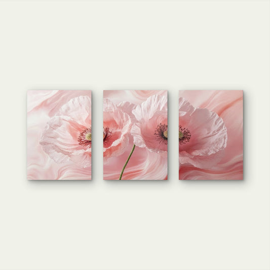 3pcs Blush Pink Poppy Floral Fluid Marble Botanical Romantic Watercolor Wall Art Set Canvas Framed 60x90cm - High Quality Print 100% Australian Made Wall Canvas Ready to Hang