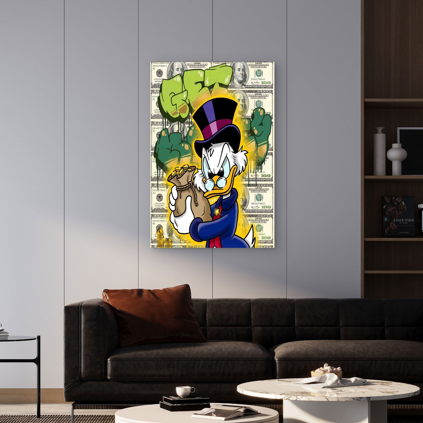 Cartoon Duck Gold Coins Money Bag Graffiti 60x90cm Metal Print Ready to Hang