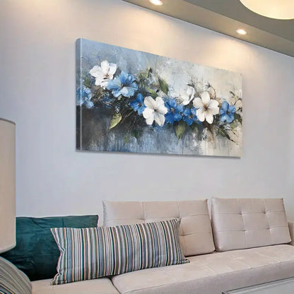 Blue And White Floral wall canvas office home room framed 120x60cm - Bella Home Decor