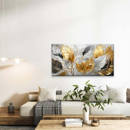 Golden Feathers on a Gray Back Wall Art Canvas Office Home Room Framed 120x60cm - Bella Home Decor