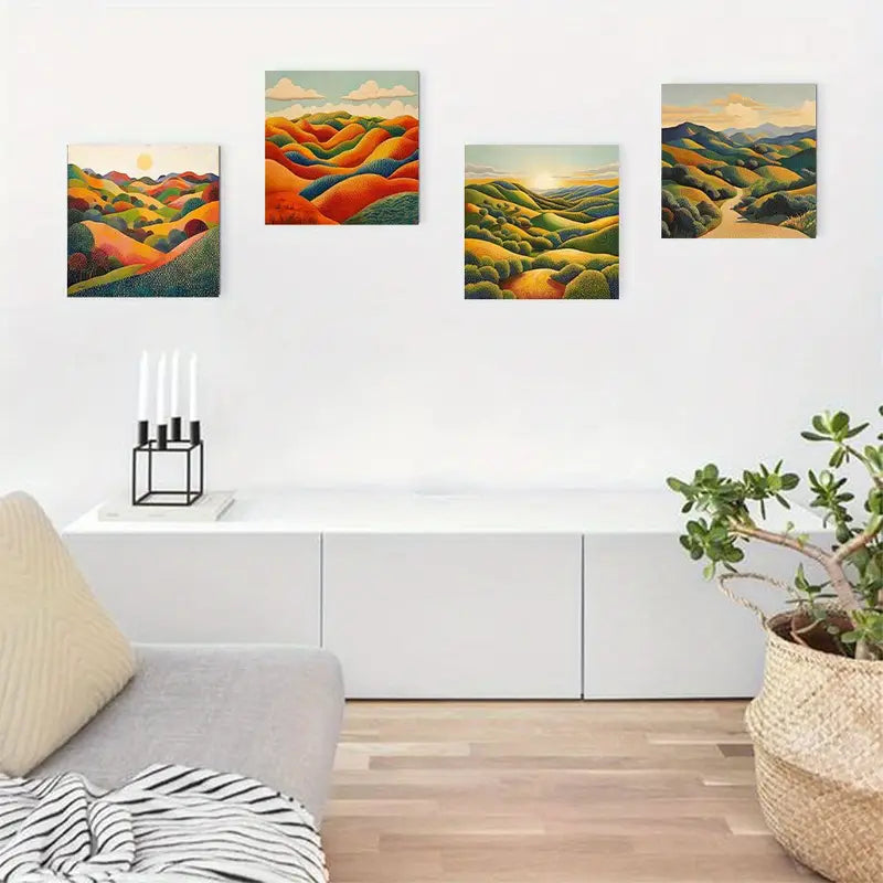 4pcs Colorful Rolling Hills & Winding Roads Desi Wall Art Canvas Framed