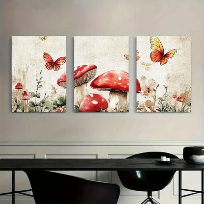 3pcs Red Mushrooms & Butterflies Metal Print Ready to Hang Art