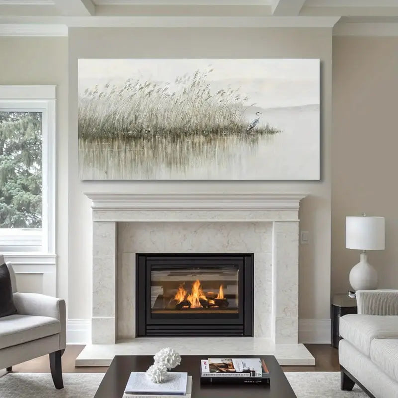 Vintage Reed & Egret Serene Nature Wall Art canvas office home room framed 120x60cm - Bella Home Decor