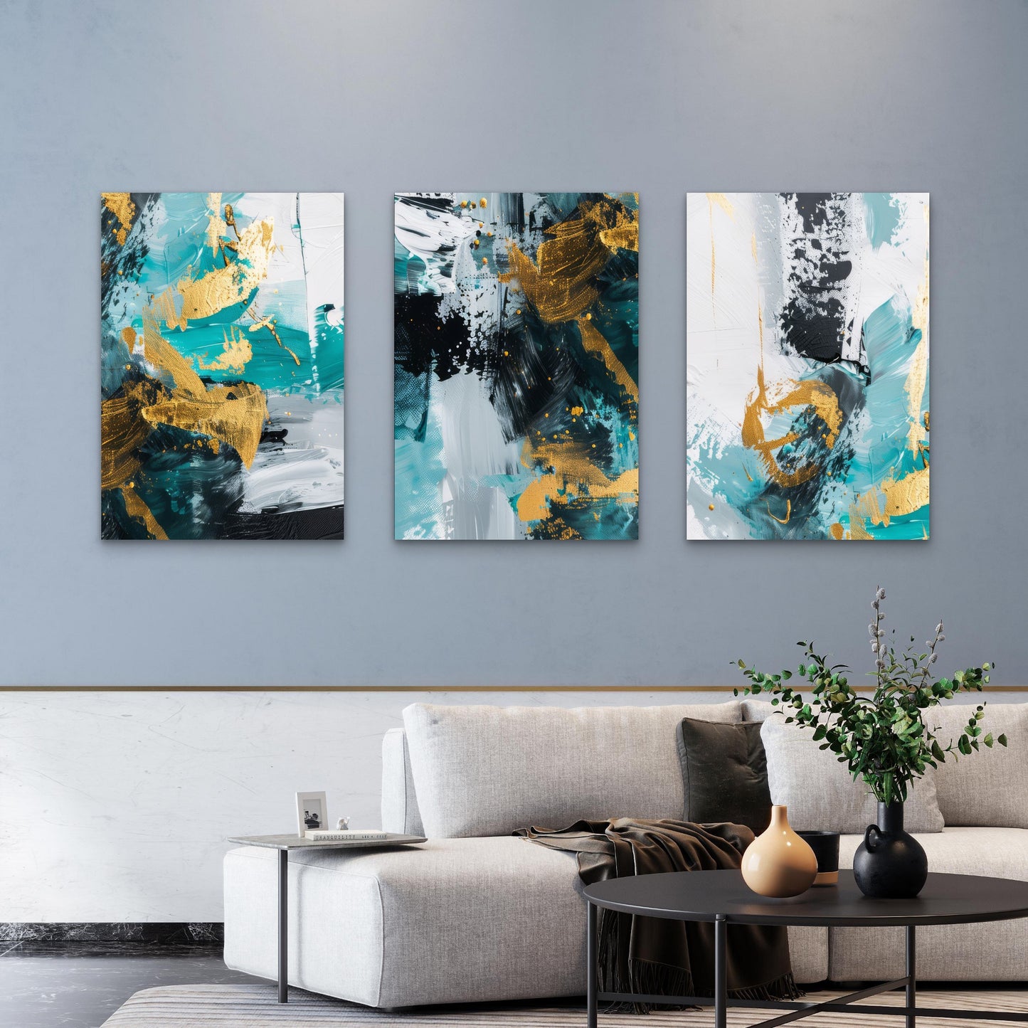 3pcs Abstract Teal Gold Foil Oil Paint Brush   Wall Art Set Canvas Framed 40x60cm - High Quality Print 100% Australian Made Wall Canvas Ready to Hang