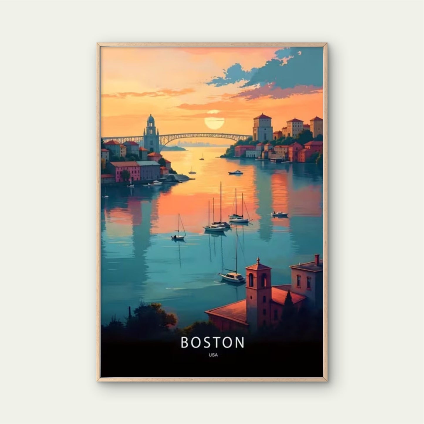 Boston USA Vibrant Sunset Harbor Scene Travel Poster Print Wall Art