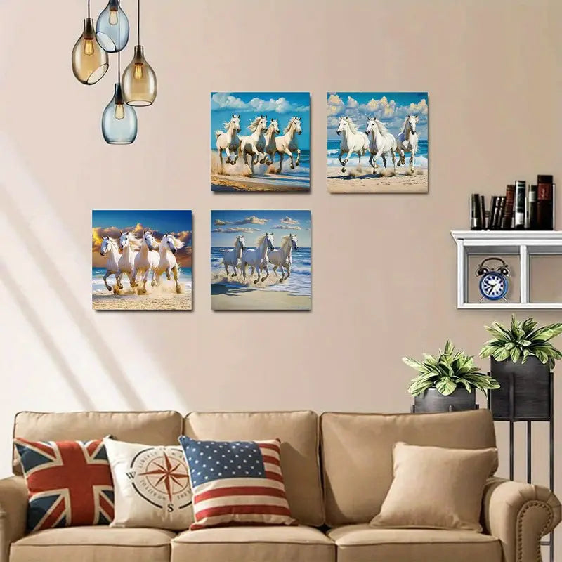 4pcs Tropical Beach Island Horse Stallions Wall Art Canvas Framed