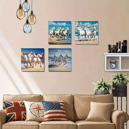 4pcs Tropical Beach Island Horse Stallions Wall Art Canvas Framed