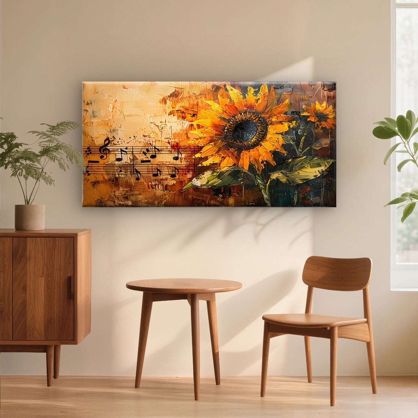 Sunflower & Musical Notes Wall Art Canvas Office Home Room Framed 120x60cm - Bella Home Decor