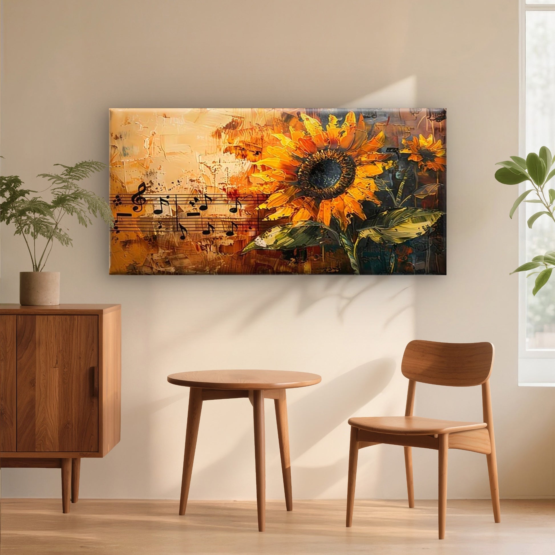 Sunflower & Musical Notes Wall Art Canvas Office Home Room Framed 120x60cm - Bella Home Decor