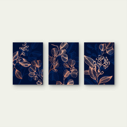 3pcs Botanical Eucalyptus Leaves Navy Rose Gold  Wall Art Set Canvas Framed 40x60cm - High Quality Print 100% Australian Made Wall Canvas Ready to Hang